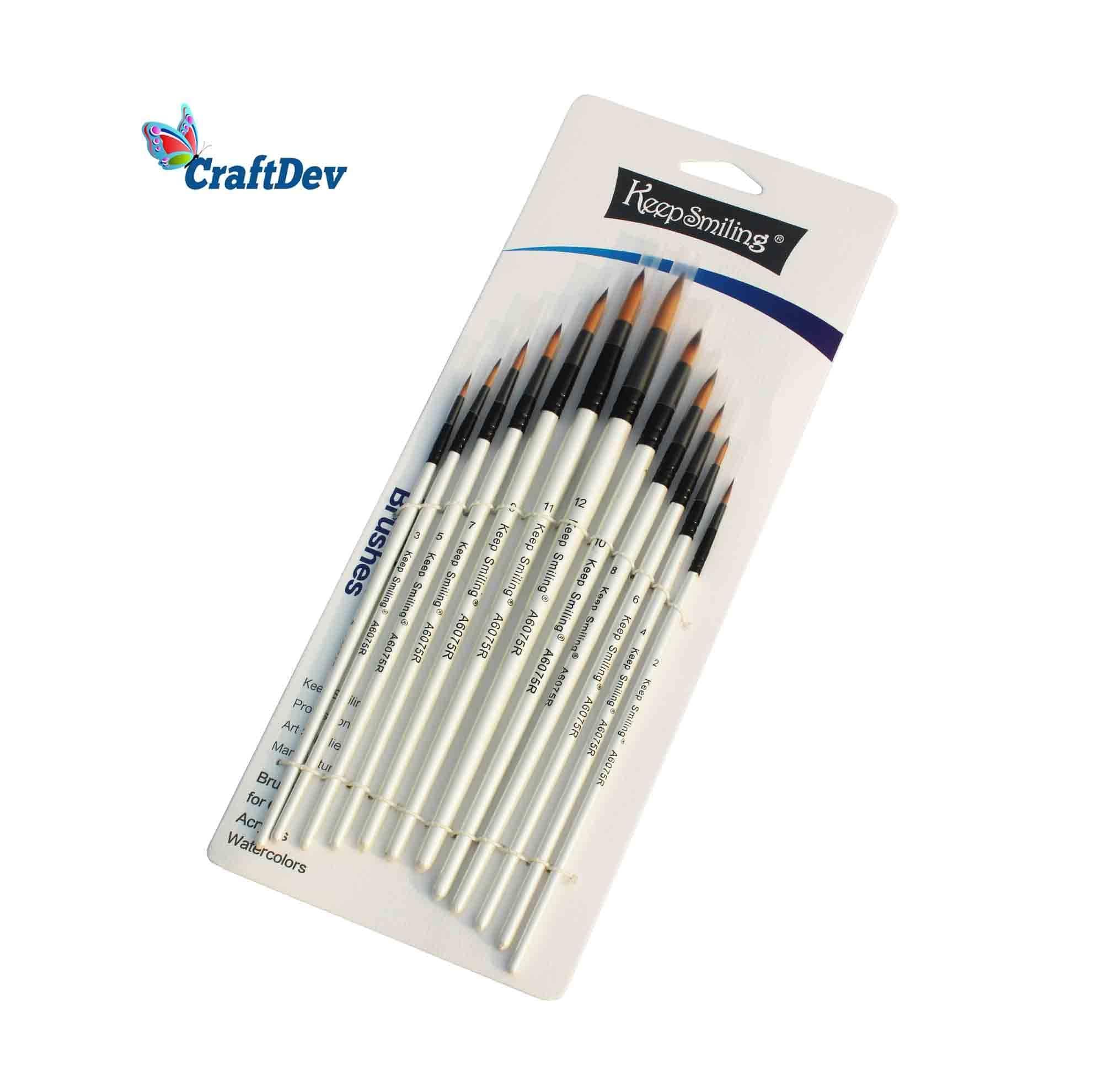 12 Round Paint Brushes with White Handles - Versatile Set