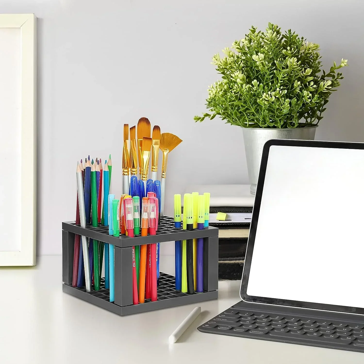 (Buy 1 Get 1 Free ) 96-Hole Pencil & Brush Holder | Grey Desk Organizer Stand for Pens, Paint Brushes & Stationery - Image 3