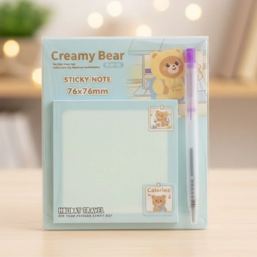 Cute Creamy Bear Sticky Notes with pen  l 76x76mm l Pack of 1 contains 70 sheets - Image 5