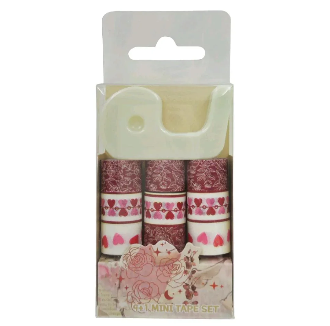 Cute heart Mini washi tape with mini dispenser l Pack of contains 9 washi tape & 1 dispenser - Image 3