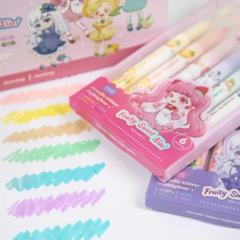 Fruity Sweet Miki & Nini 6 in 1 Pack Metallic Glitter Highlighter pens - Image 3